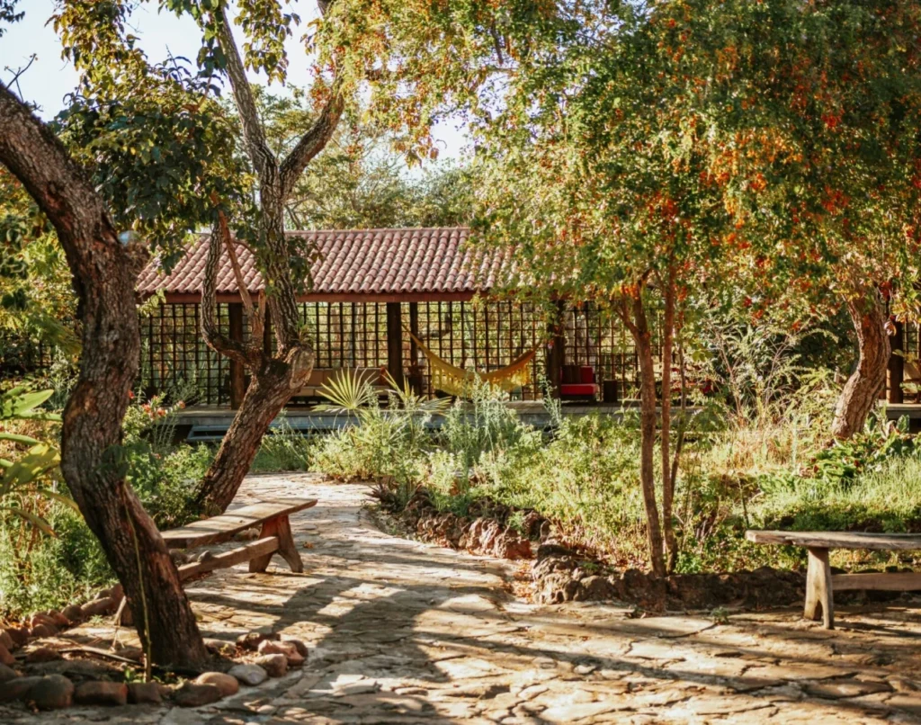 Pousada Trijunção surrounded by trees with a hammock in the distance