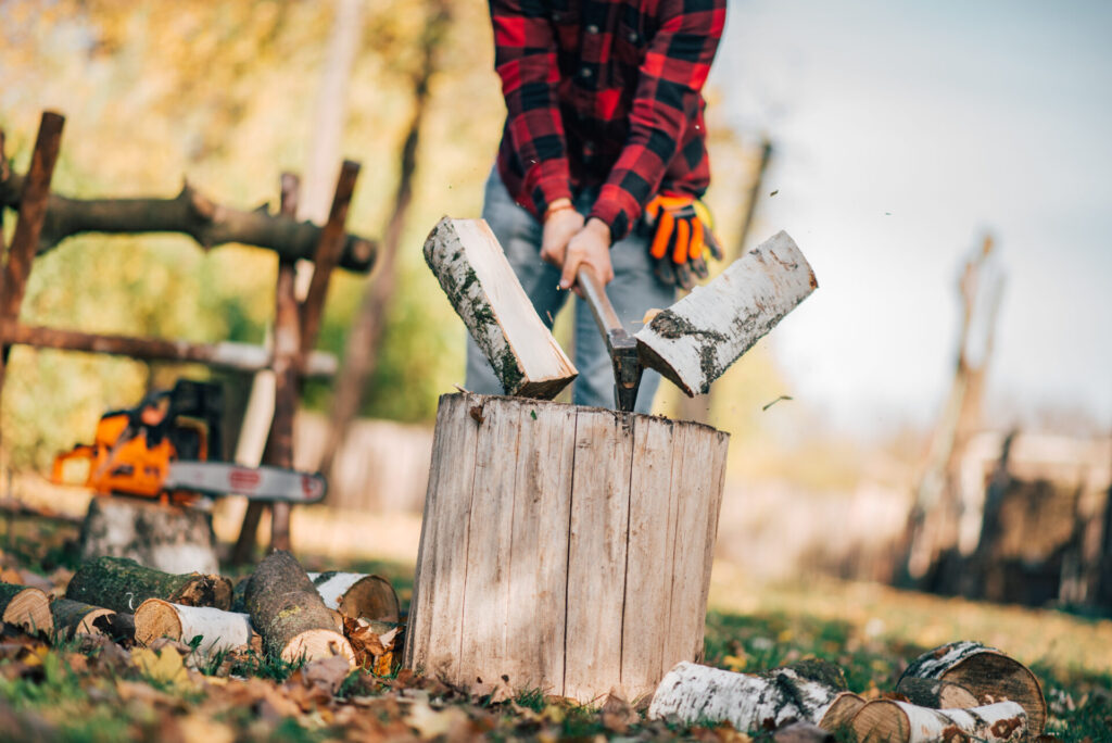 man in lumberjack shirt chopping wood