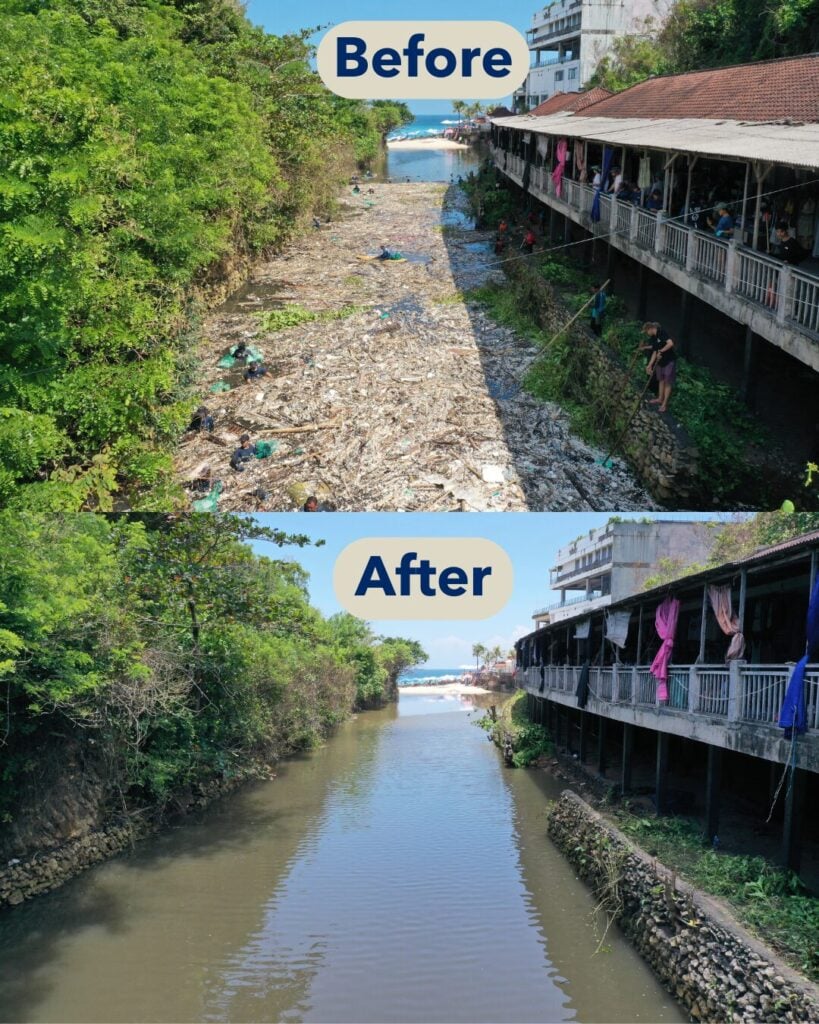Before and after pictures of a polluted river then how clean it is 