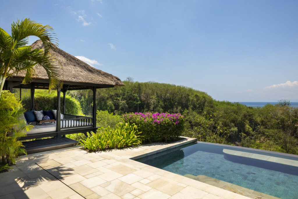 Pool villa at raffles Bali with stunning views over jungle and sea