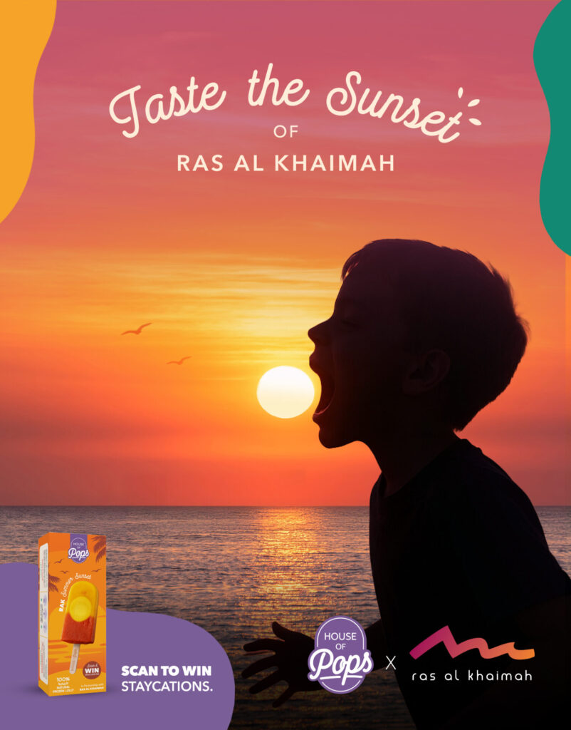Poster of boy eating the sun at golden hour, and the house of pops popsicle at the bottom of the page