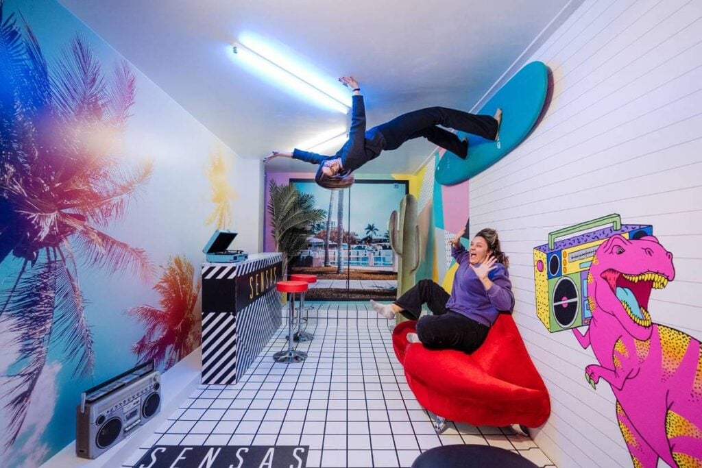 Upside-down room with vibrant decor.