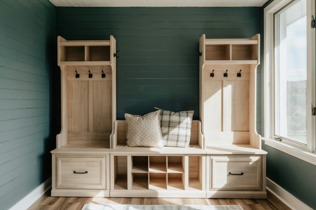 a bench with shelves and pillows in a room