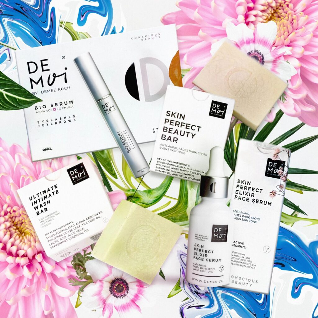 Skincare products on colorful background