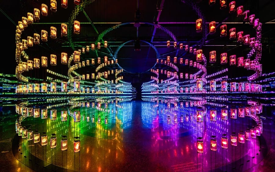 Colorful illuminated lanterns in symmetry