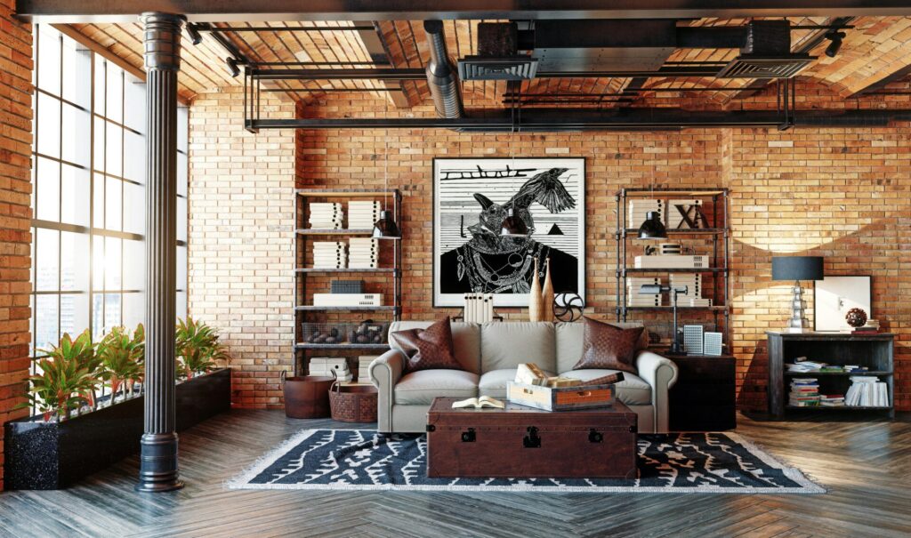 a room with brick walls and a couch