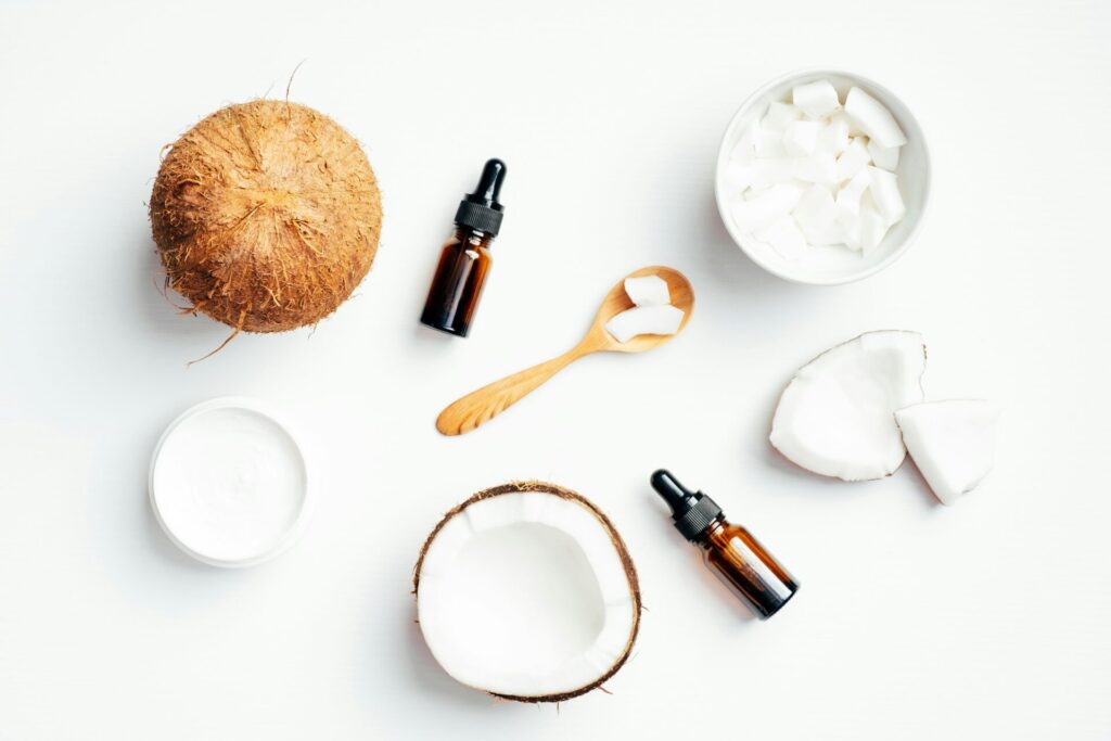 Coconut products and essential oil bottles.