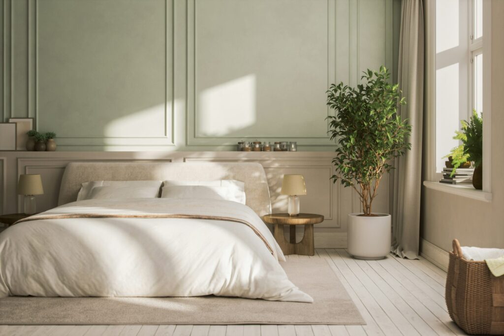a bed with a plant in a room