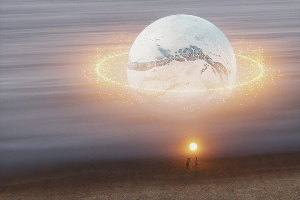 Young women watching mysterious celestial body. This is entirely 3D generated image. Planet textures maps are computer generated