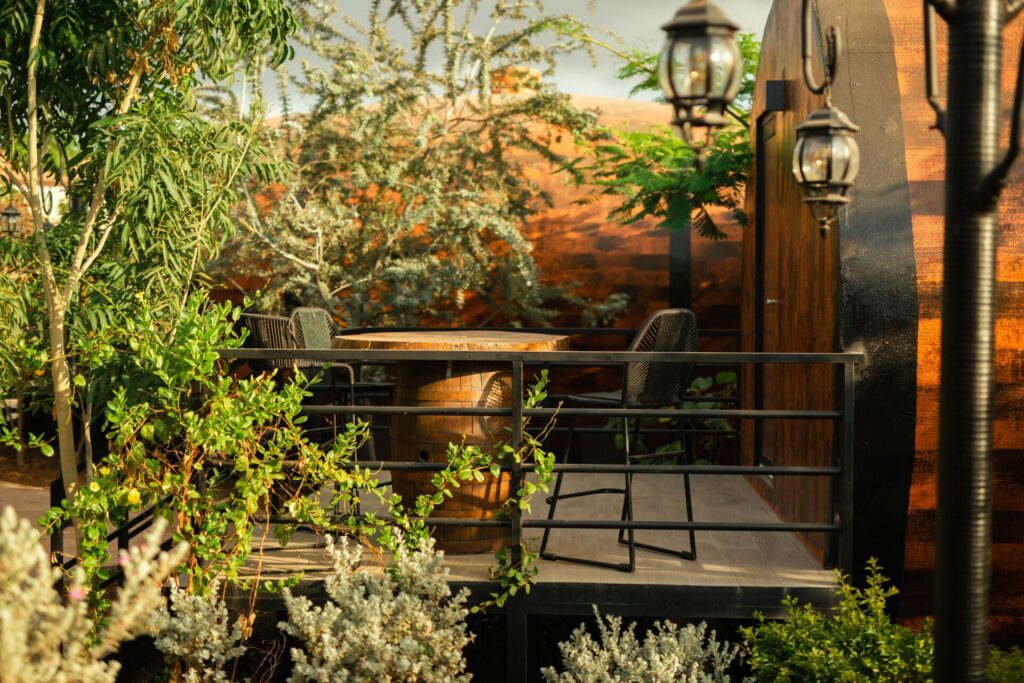 a table and chairs on a deck
