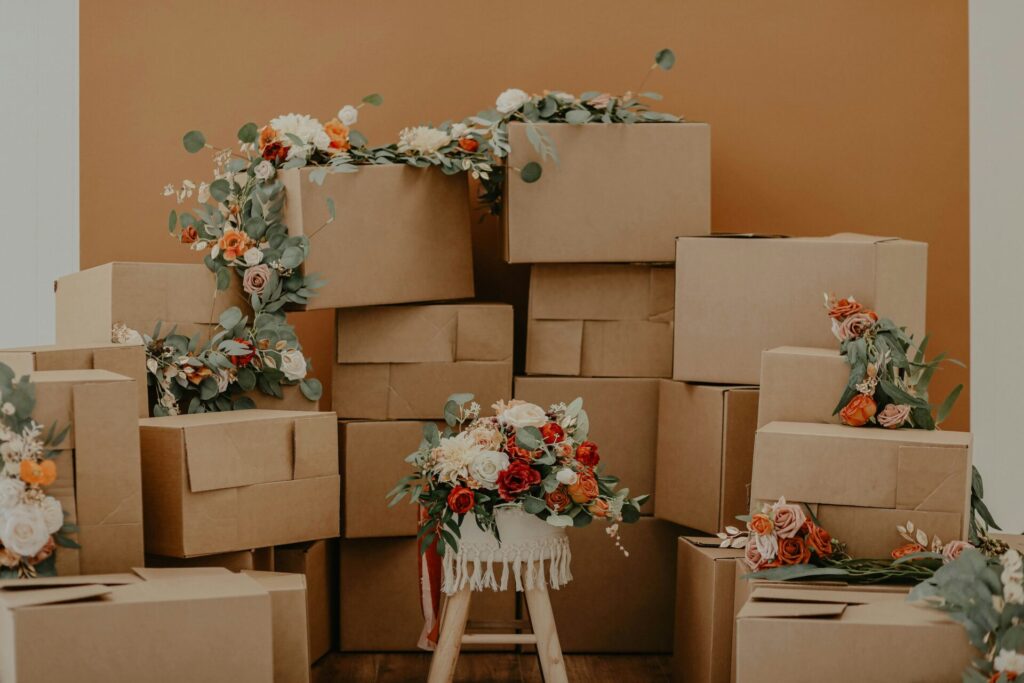 a group of boxes with flowers
