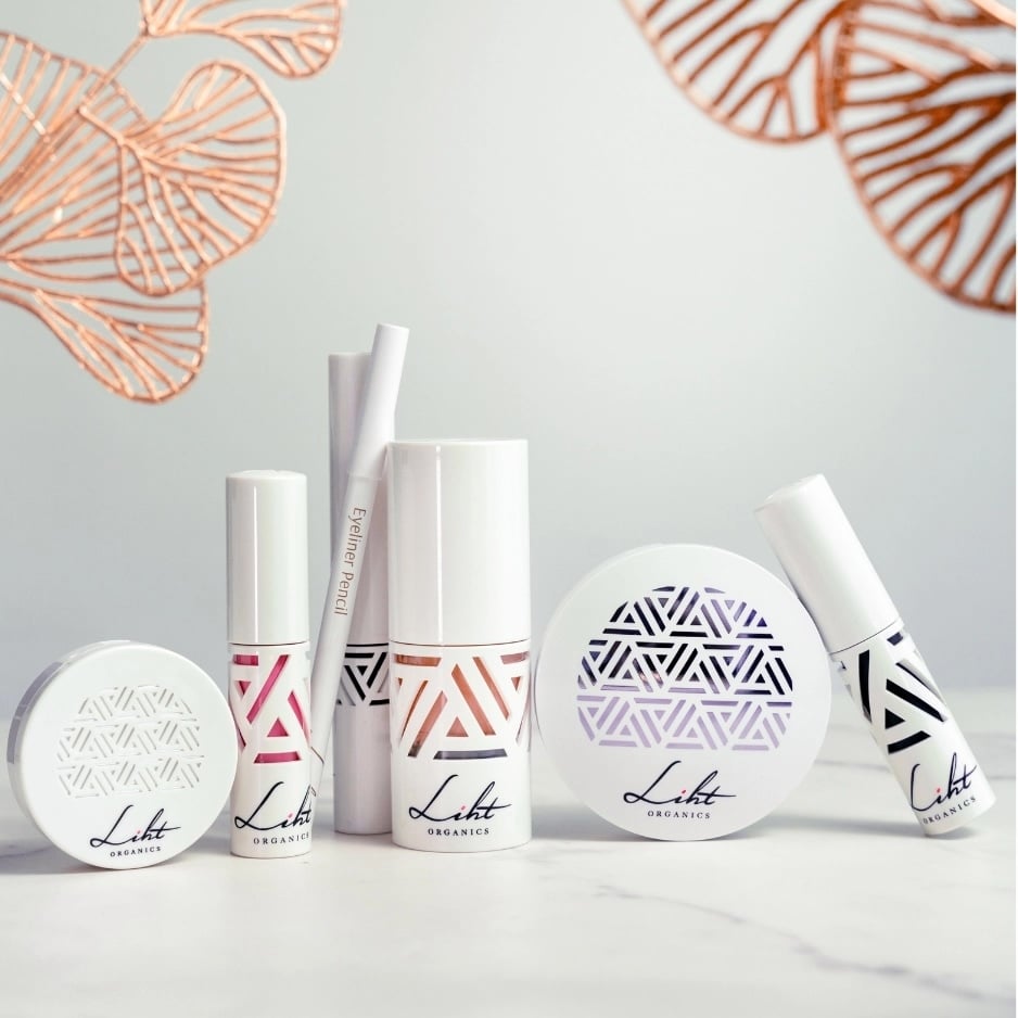 Cosmetic products with geometric designs.