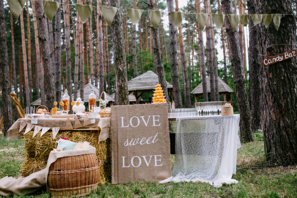 an eco-wedding stand fr drinks in the woods