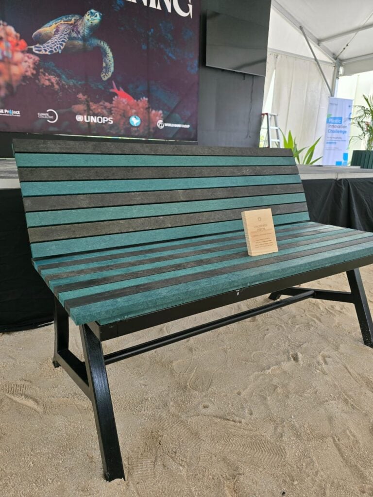 A bench made from repurposed plastic waste at Siyam World Maldives 
