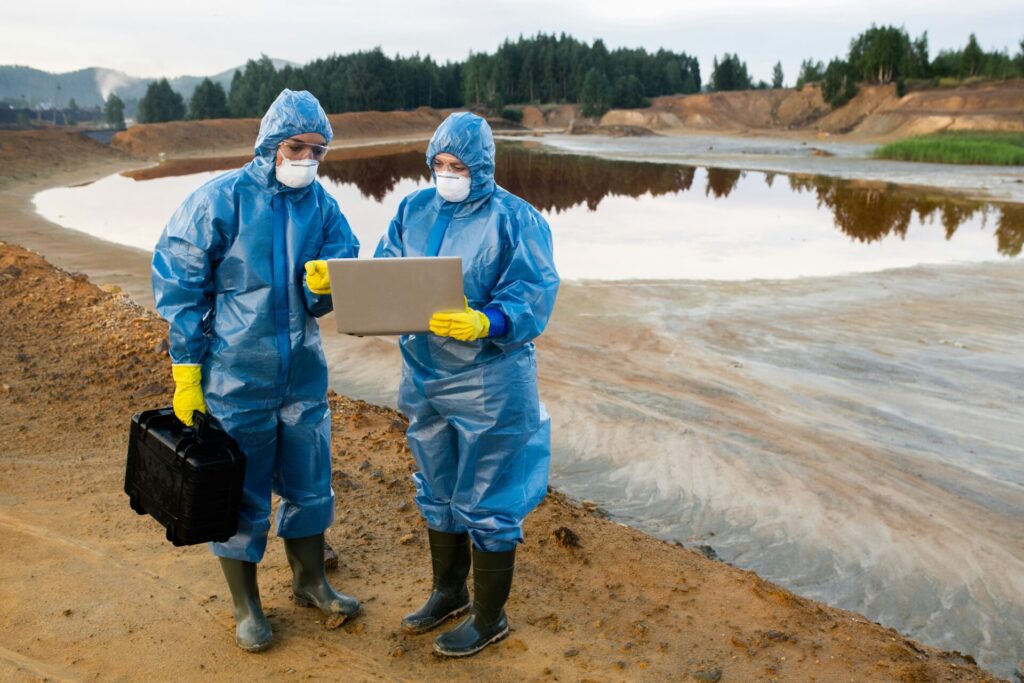Two workers in protective gear inspecting site.