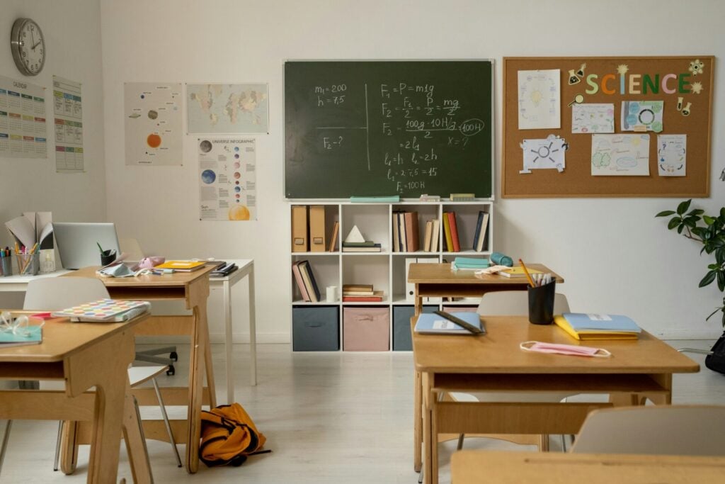 Empty classroom with science materials.
