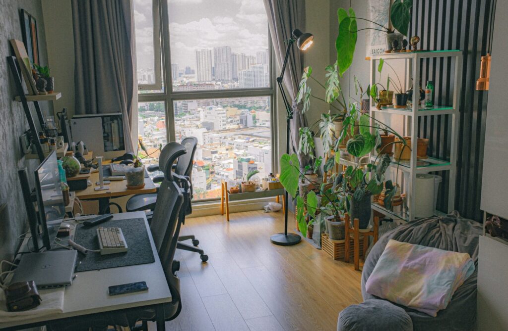 Cozy workspace with city view