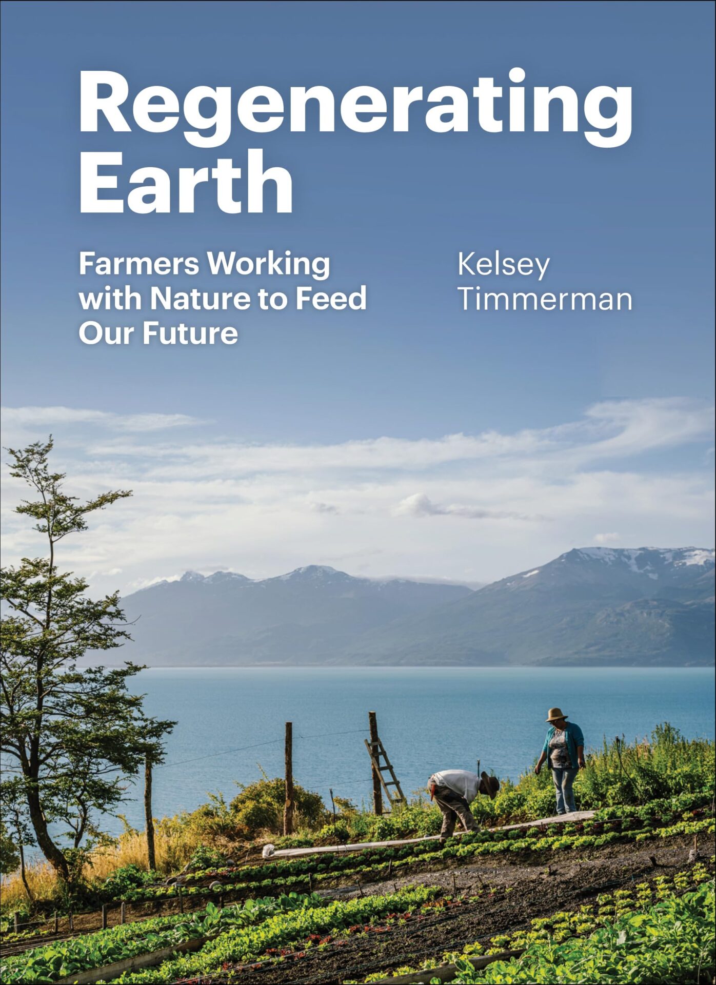 Book cover with regenerative farmers in field next to ocean and mountain