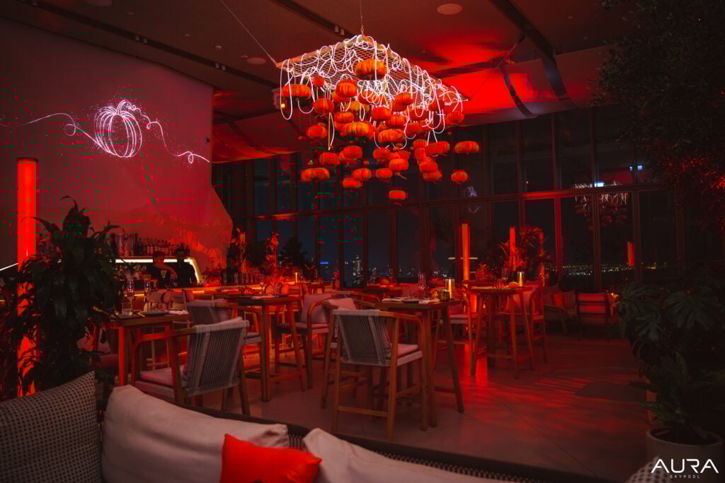 Spooky red-themed dining ambiance for halloween