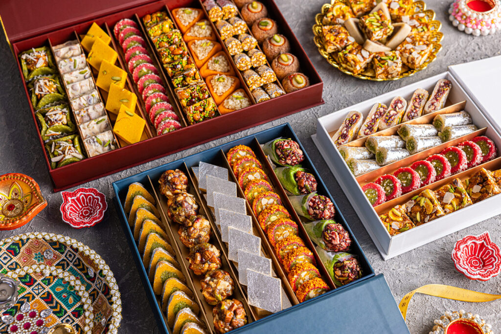 Colorful sweets and snacks for Diwali