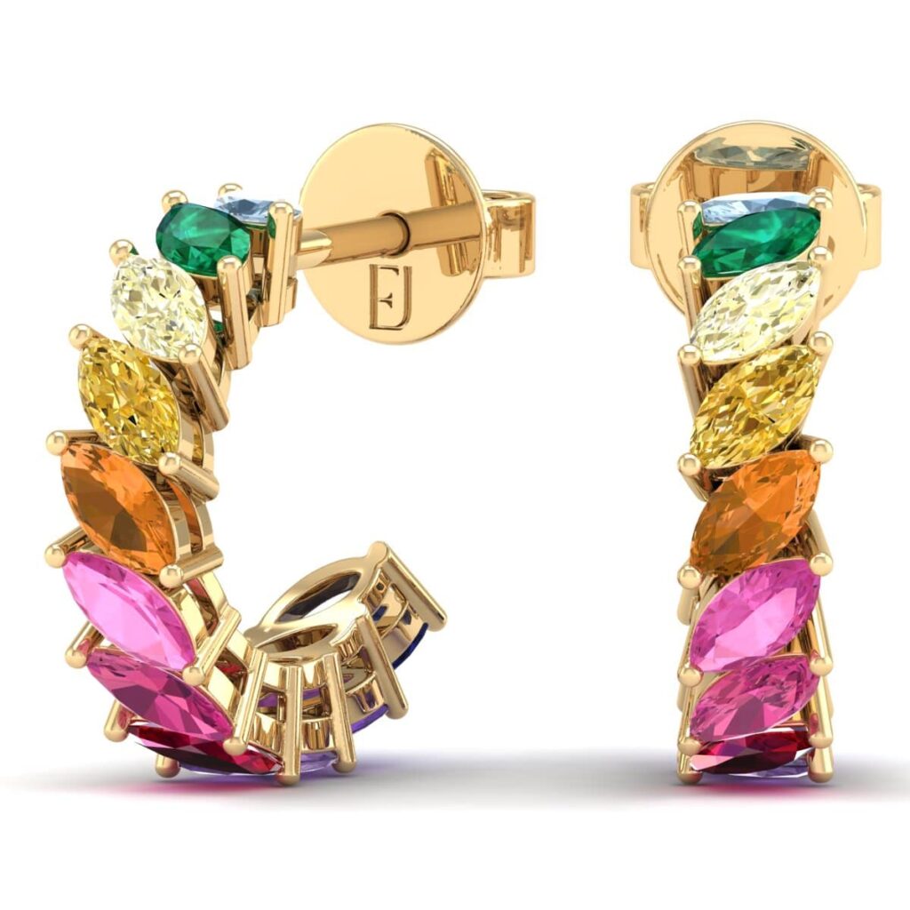 Colorful gold hoop earrings with gemstones