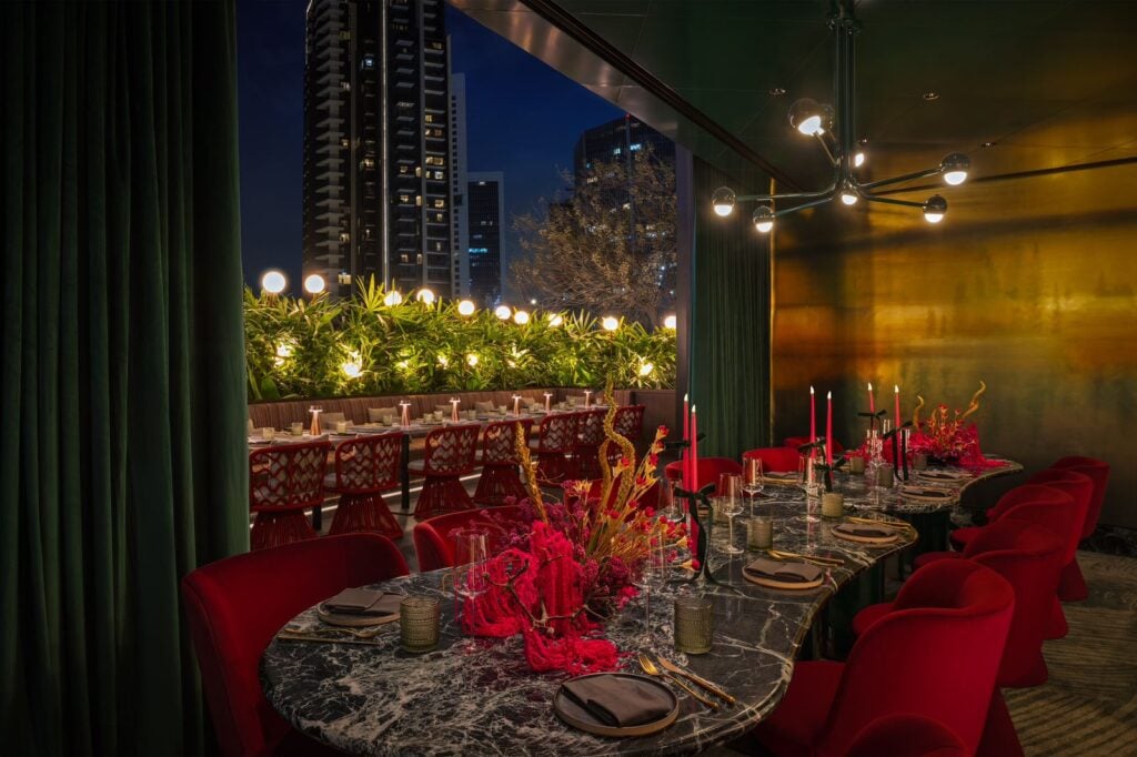 Elegant dining room with city view.