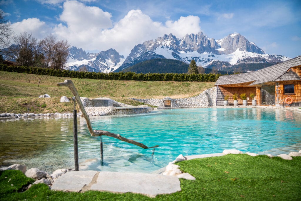 Mountain view with natural swimming lake
