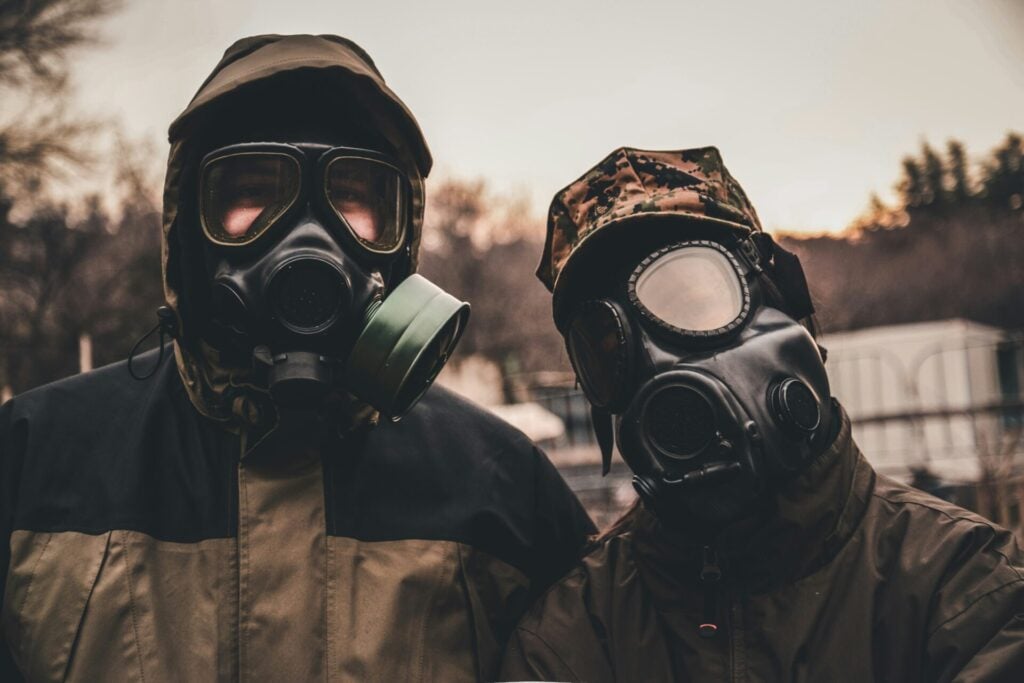 Preppers wearing gas masks