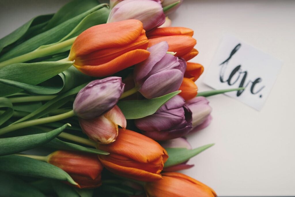 tulips lying next to a note that says love 