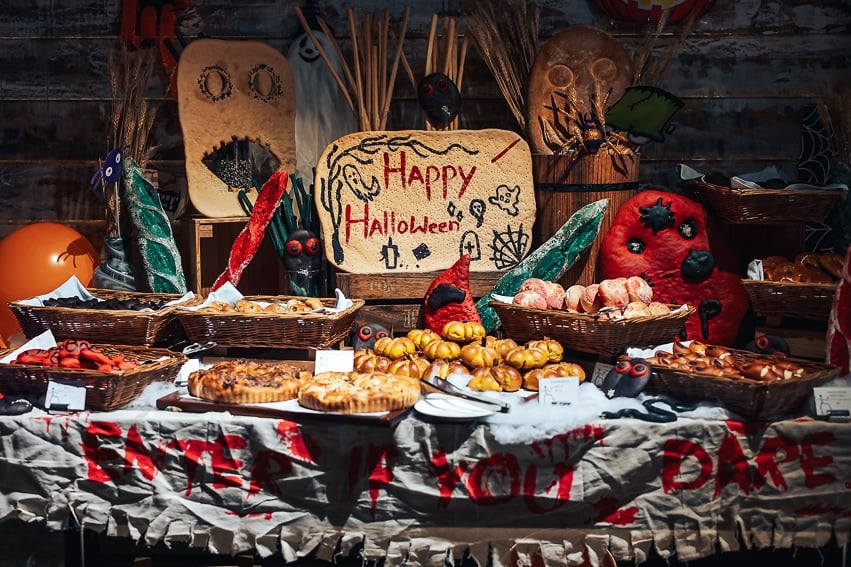 Halloween-themed baked goods display