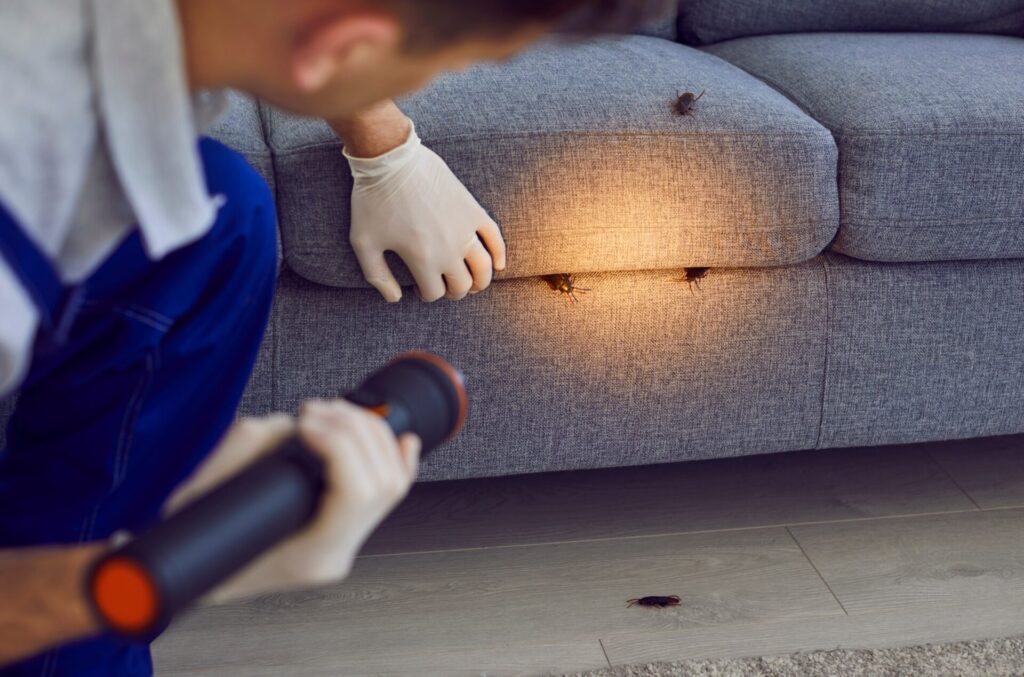 Pest control inspecting sofa for cockroaches