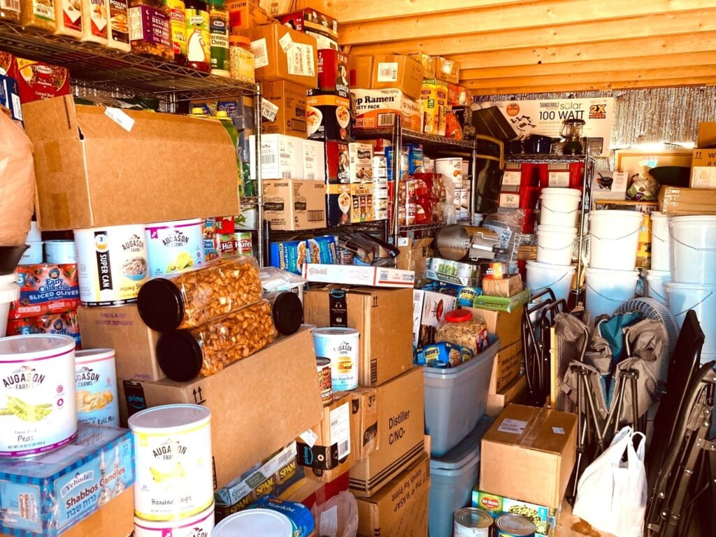 Cluttered storage area filled with supplies