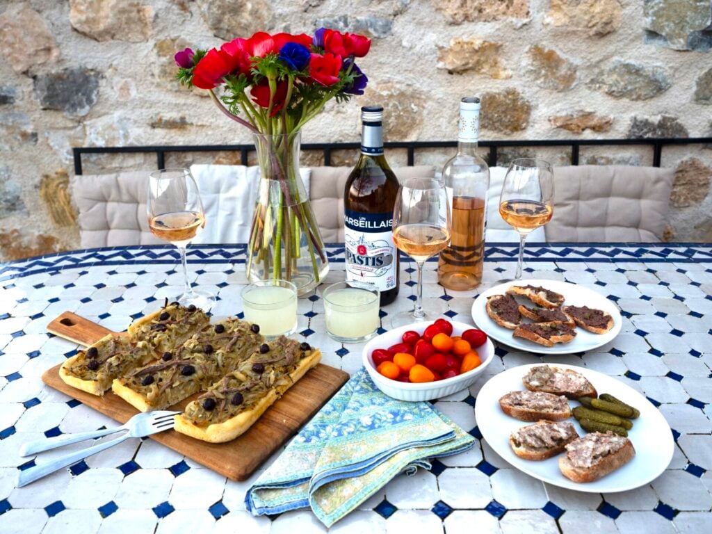 Elegant outdoor dining with appetizers.