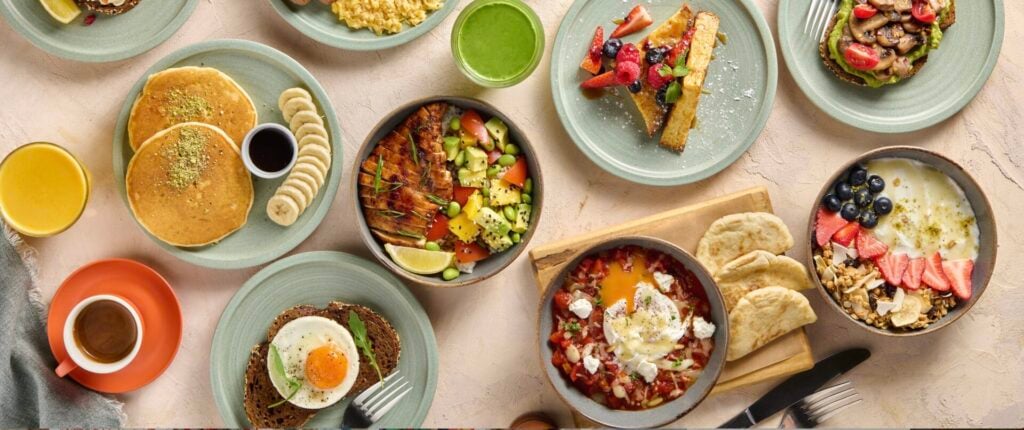 Variety of colorful breakfast dishes