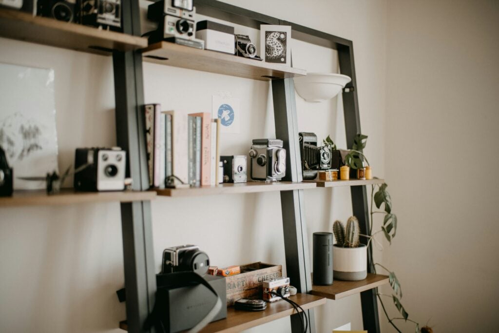 Shelves filled with vintage cameras and books.