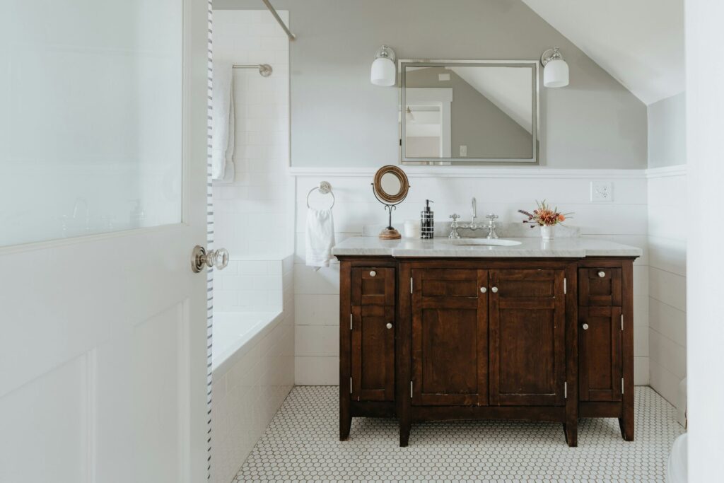 Modern bathroom with wooden vanity.
