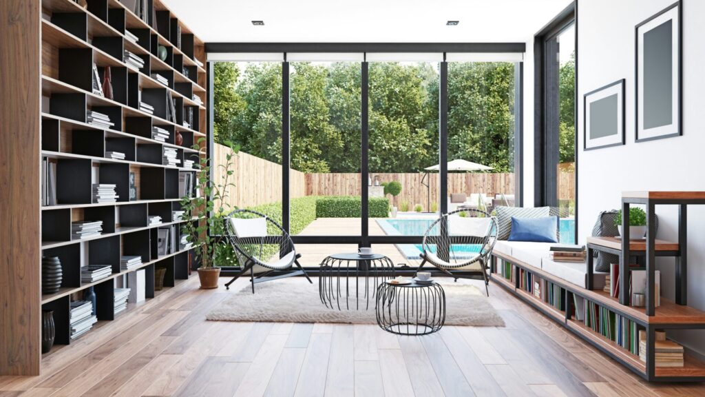 Modern living room with garden view