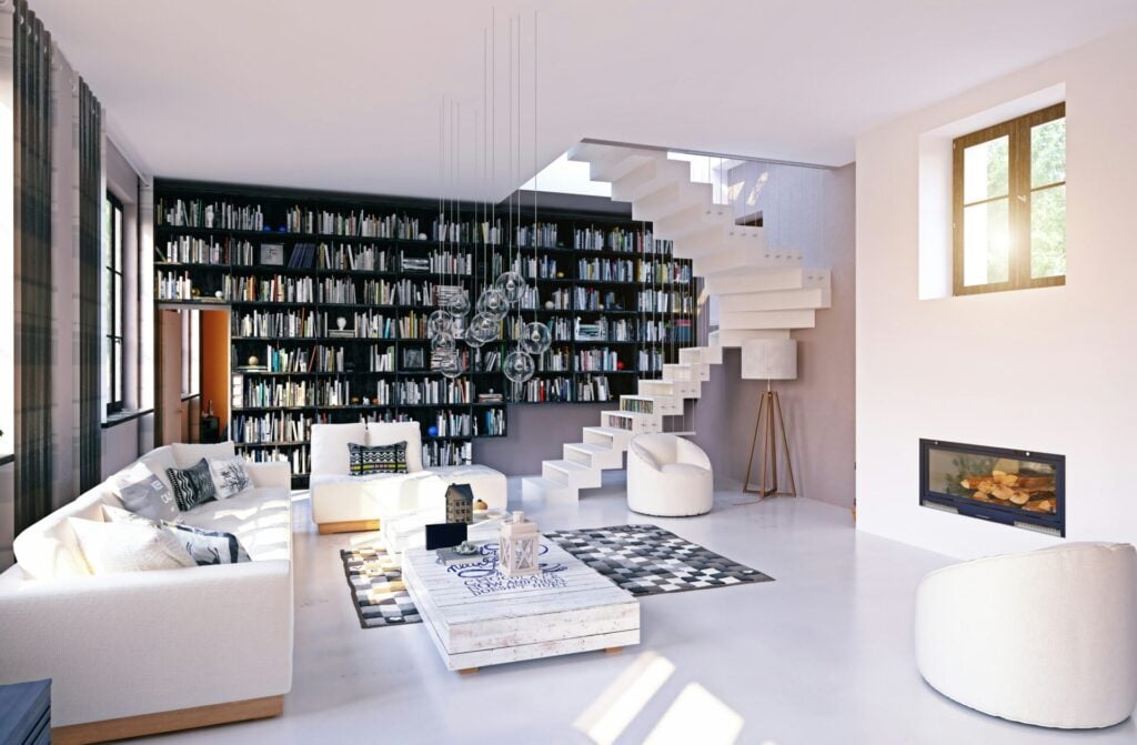Modern living room with bookshelves.