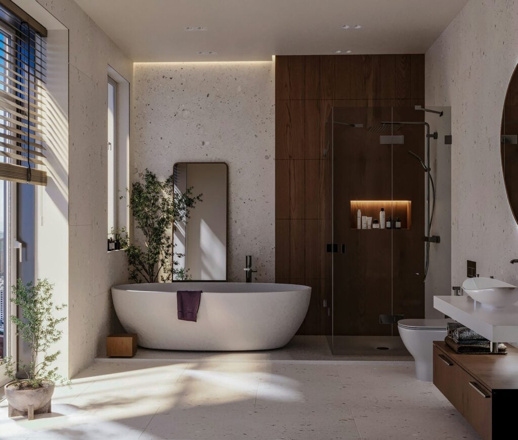 Modern bathroom with natural elements.
