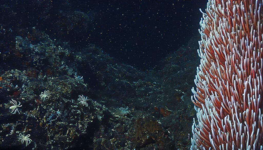 Giant Tube Worms Riftia pachyptila thriving at a deep sea hydrothermal vent in the Mariana Trench 2025, showcasing a unique abyssal ecosystem
