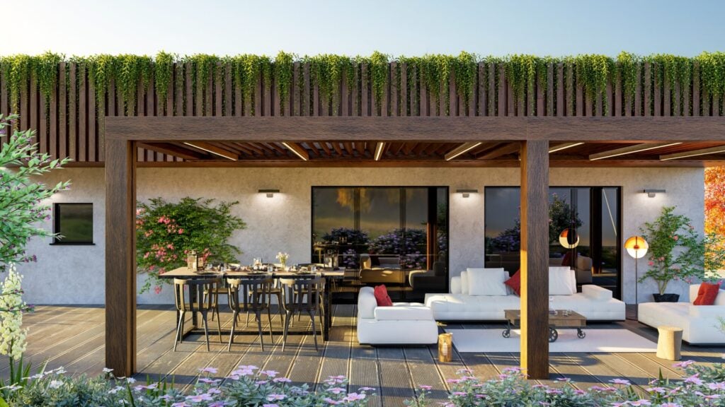 sustainable patio with plants on roof and wooden decking 