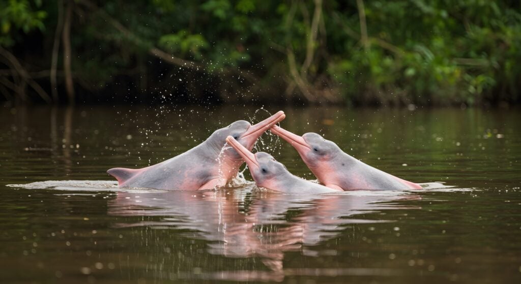 Three dolphins playing in water