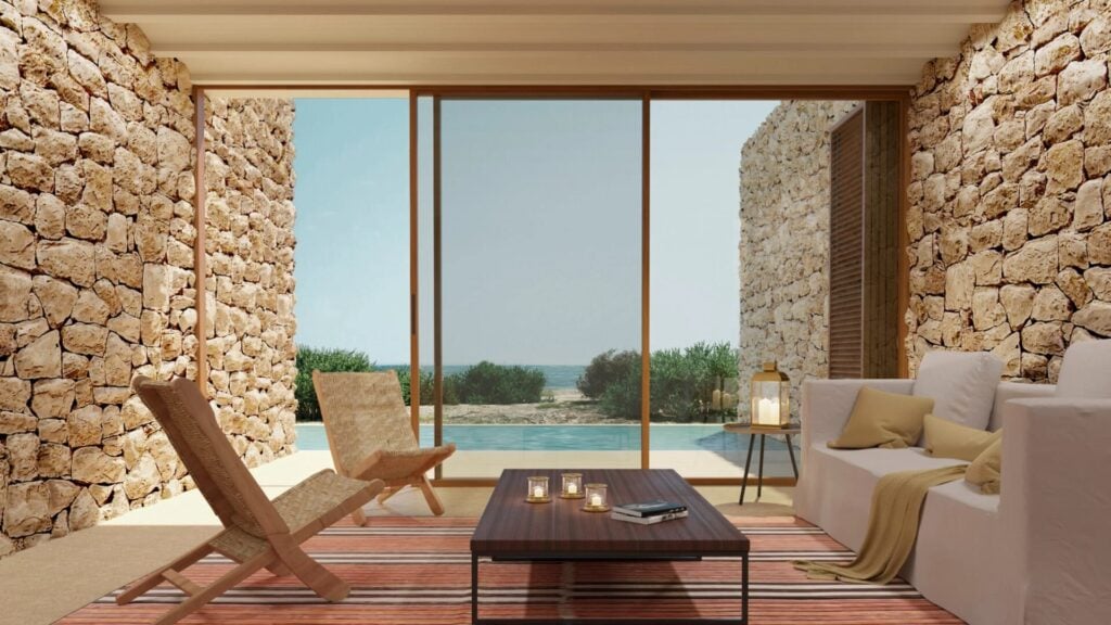 raw material room overlooking pool and sea 