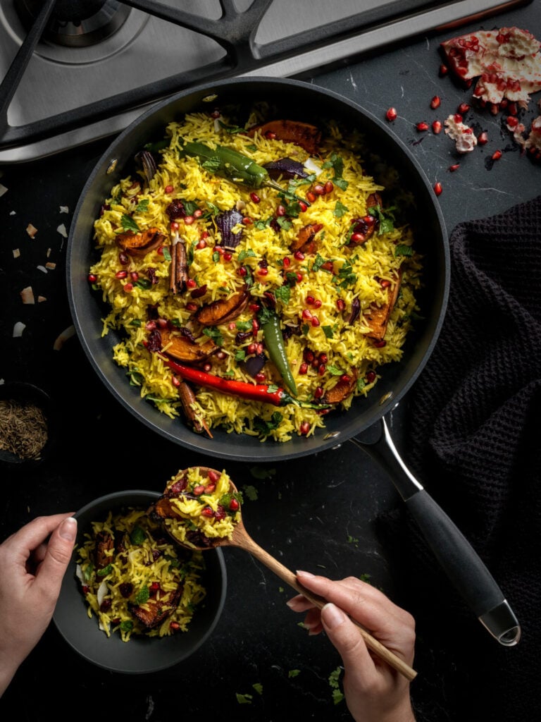 pilau rice with chillis in a stellar frying pan 