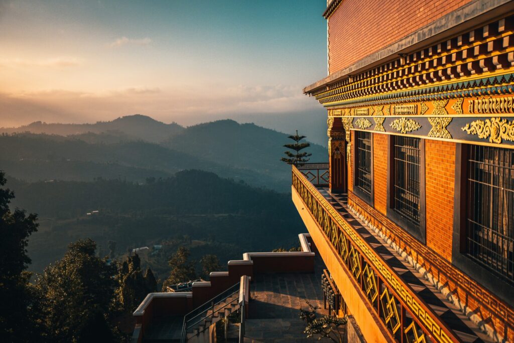 temple in bhutan at sunset