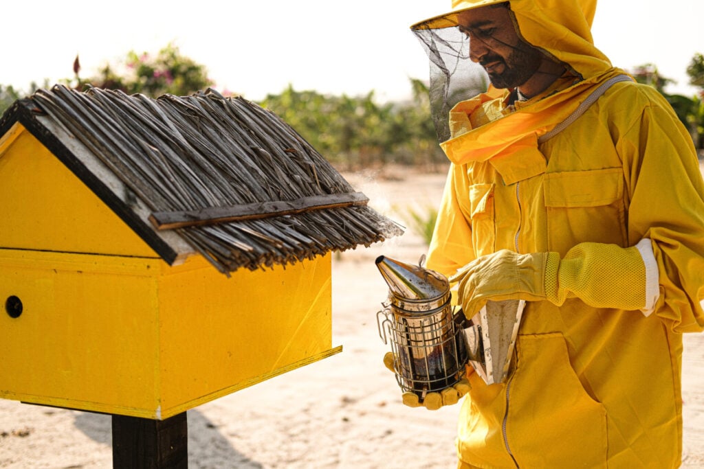 A man with beekeeping clothes on at a yellow hive