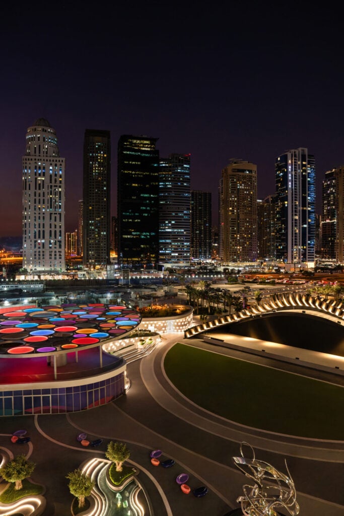 aerial view of where Moonlight Market will be held, surrounded by city lights