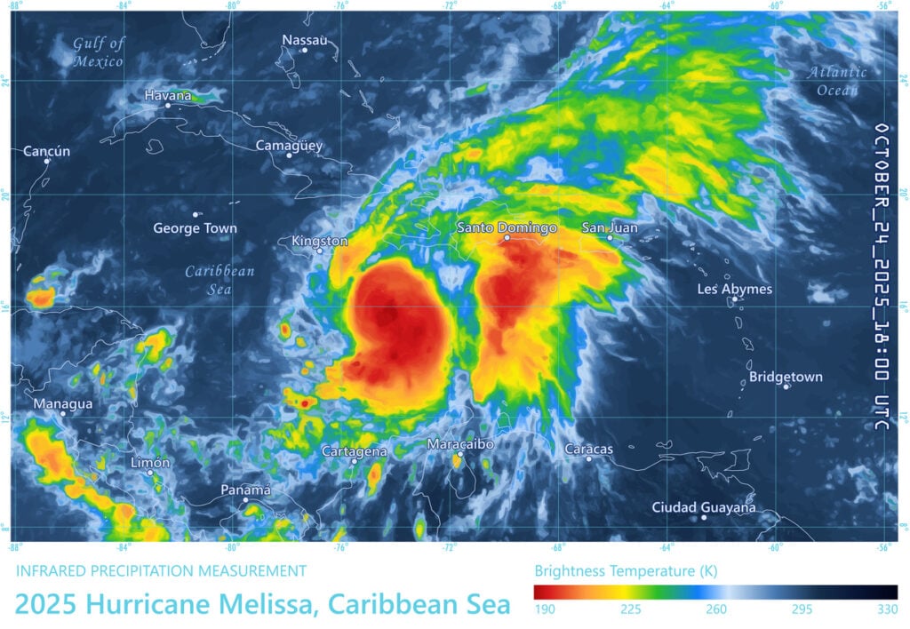 Precipitation Weather Map of Hurricane Melissa over the Caribbean Sea southeast of Jamaica on October 24, 2025 at 18:00 UTC. All source data is in the public domain. Made with data courtesy from Goddard Earth Sciences Data and Information Services Center (GES DISC), NOAA. NCEP/CPC L3 Half Hourly 4km Global Merged IR V1. Countries and Boundaries: Made with Natural Earth.