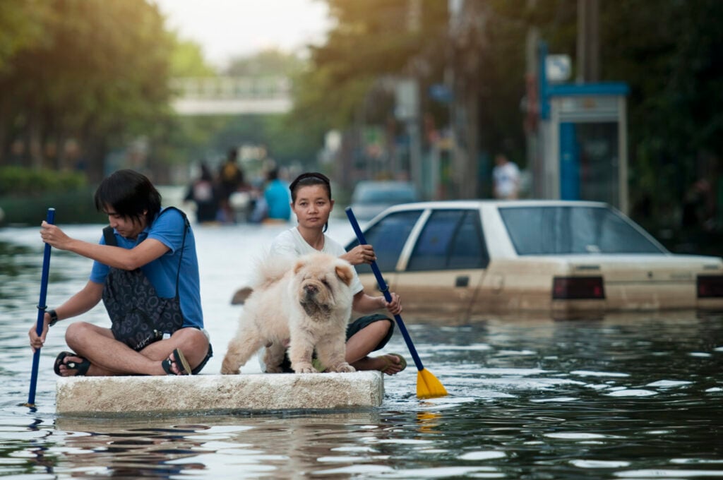 Young Thai family with dog paddling a makeshift foam raft through a heavily flooded street in Arun Amarin