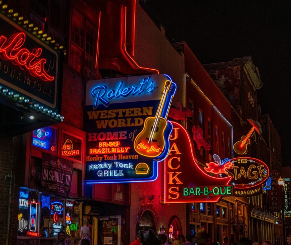 Nashville street with plenty of live music bars - making it one of  best live music cities in the US 